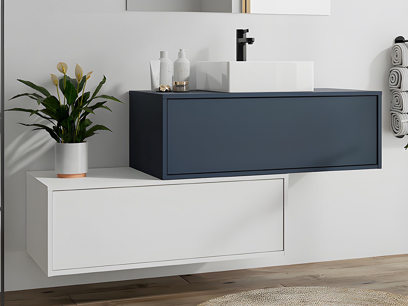 Meuble de salle de bain suspendu simple vasque, bleu et blanc, 2