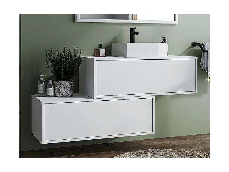 Meuble de salle de bain suspendu blanc avec simple vasque carrée et deux tiroirs - 94 cm - TEANA II