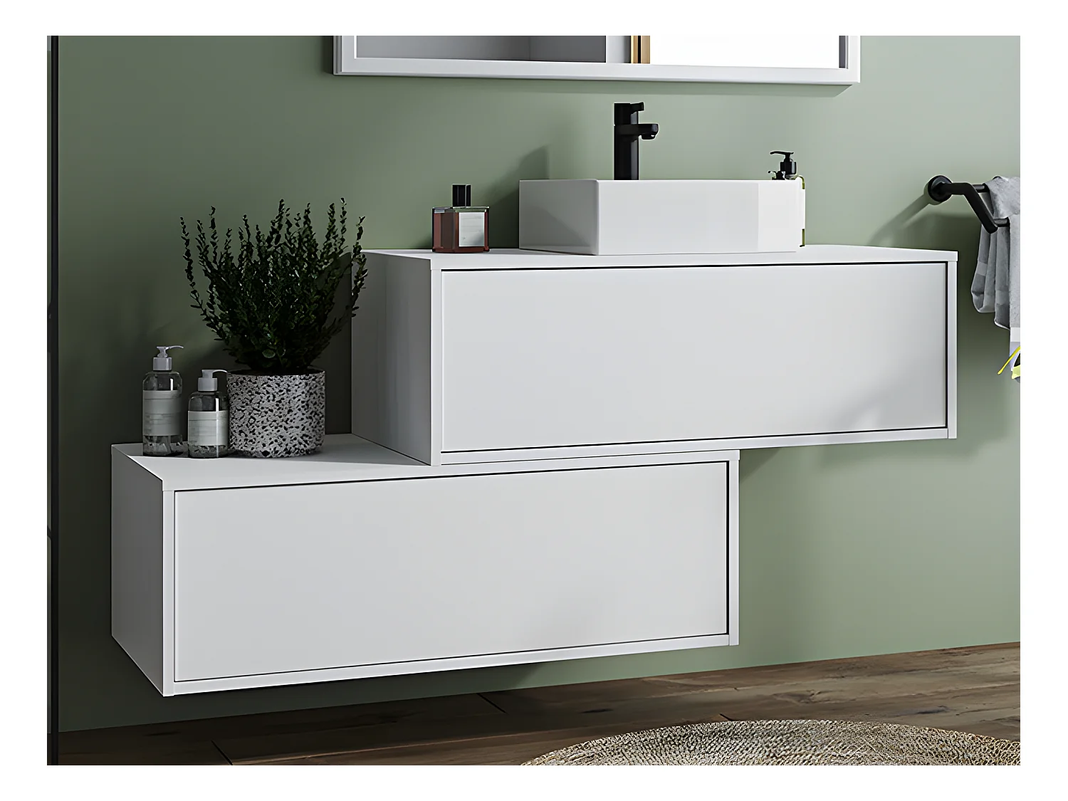 Meuble de salle de bain suspendu blanc avec simple vasque carrée et deux tiroirs - 94 cm - TEANA II