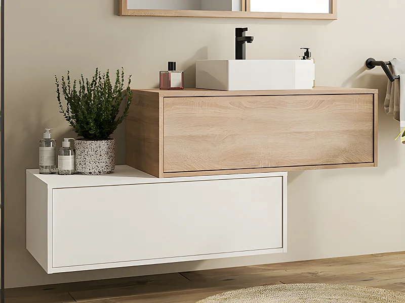 Meuble de salle de bain suspendu blanc et naturel clair avec simple vasque carrée et deux tiroirs - 94 cm - TEANA II