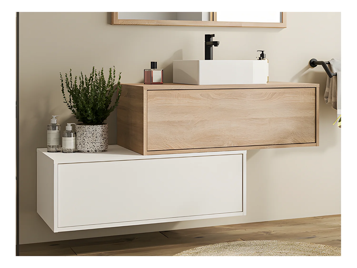 Meuble de salle de bain suspendu blanc et naturel clair avec simple vasque carrée et deux tiroirs - 94 cm - TEANA II