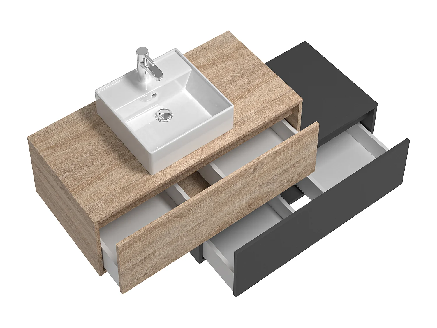 Meuble de salle de bain suspendu naturel clair et anthracite avec simple vasque carrée et deux tiroirs - 94 cm - TEANA II