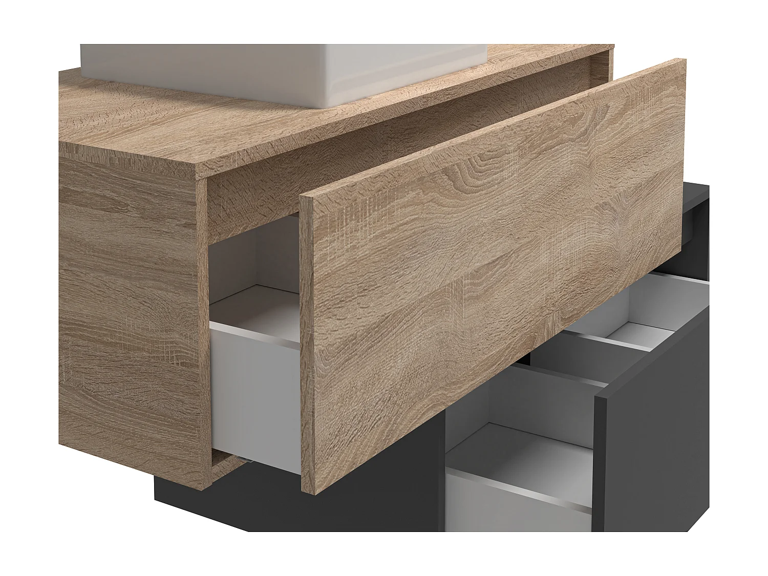 Meuble de salle de bain suspendu naturel clair et anthracite avec simple vasque carrée et deux tiroirs - 94 cm - TEANA II