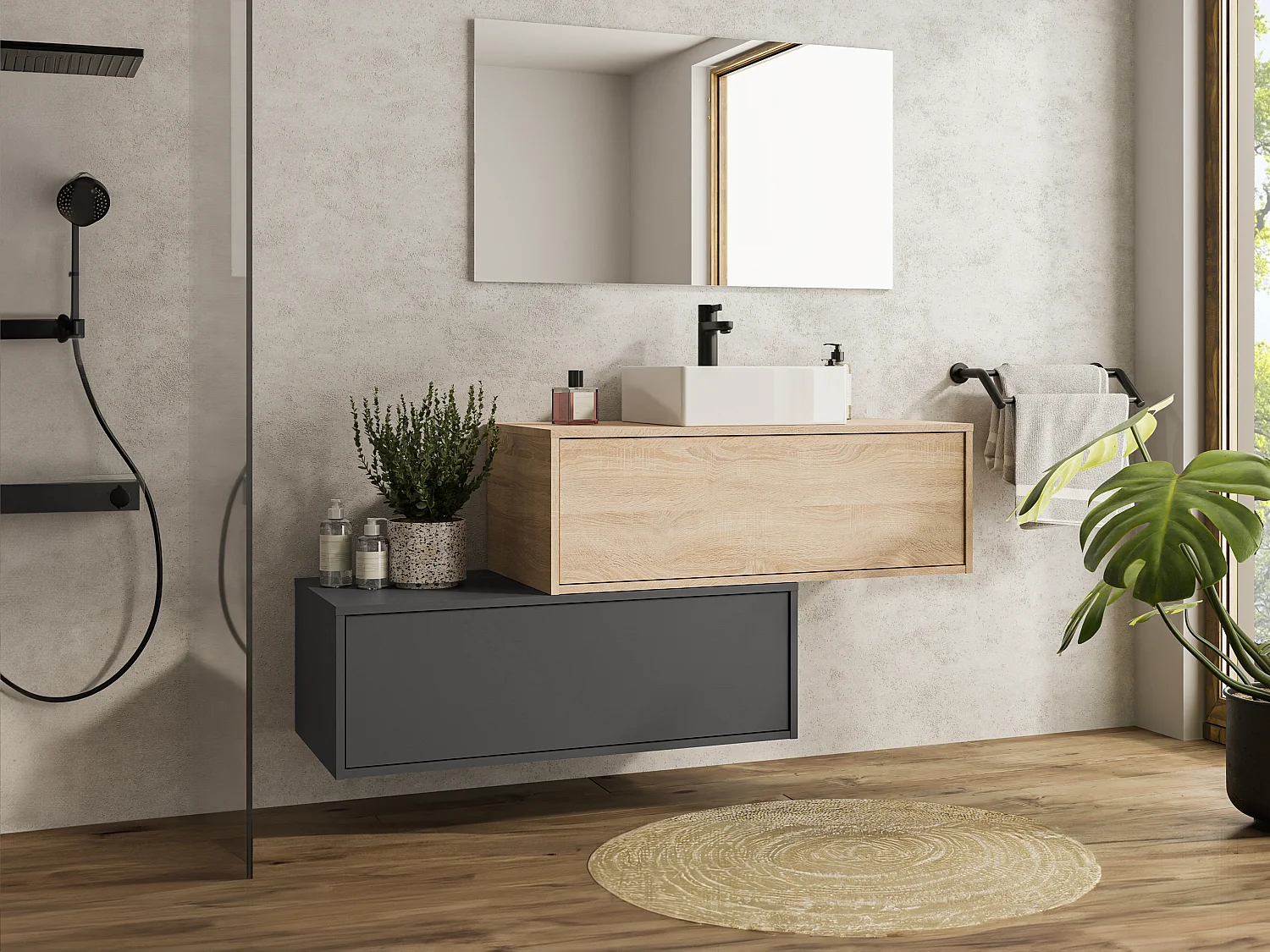 Meuble de salle de bain suspendu naturel clair et anthracite avec simple vasque carrée et deux tiroirs - 94 cm - TEANA II