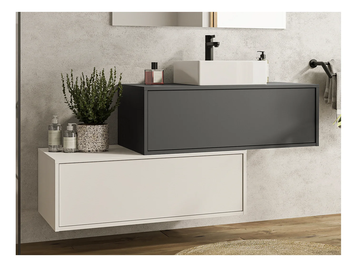 Meuble de salle de bain suspendu gris anthracite et blanc avec simple vasque carrée et deux tiroirs - 94 cm - TEANA II
