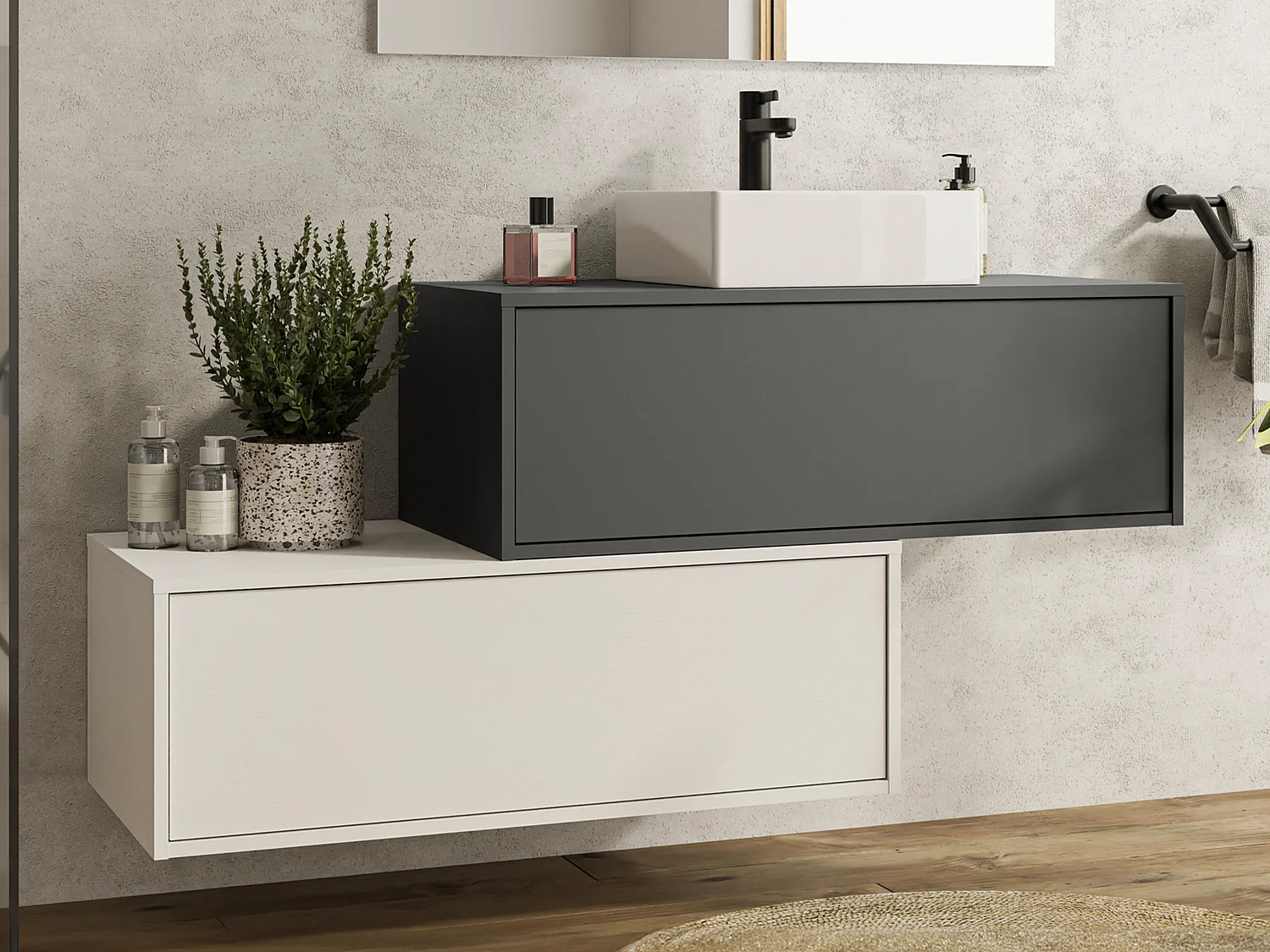 Mobile per bagno sospeso con lavabo singolo e due cassetti 94 cm Antracite e Bianco - TEANA II