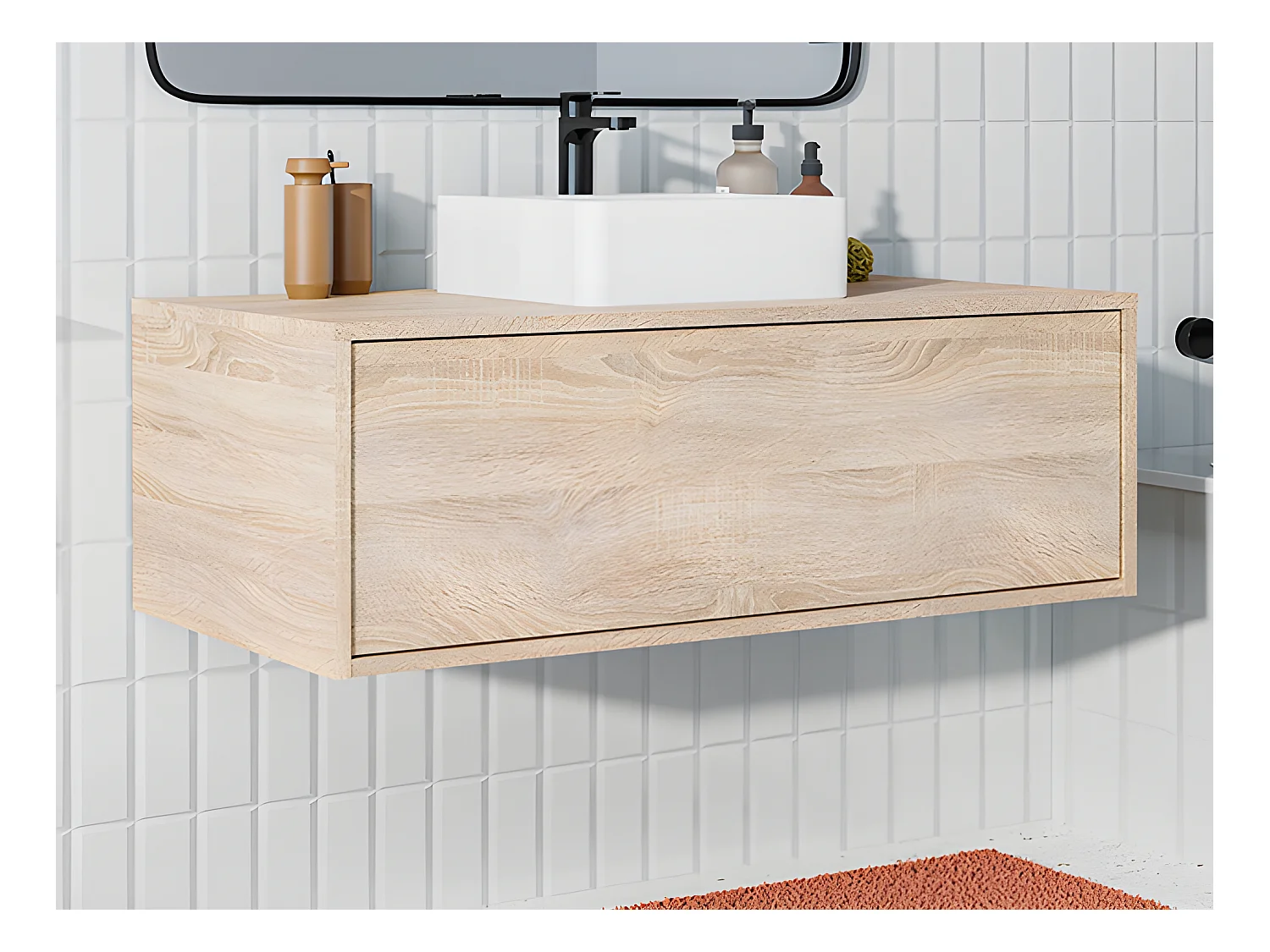Meuble de salle de bain suspendu coloris naturel clair avec simple vasque carrée - 94 cm - TEANA II