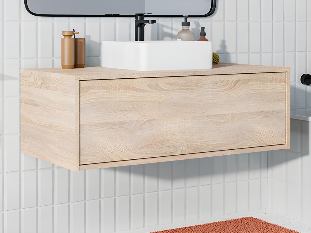 Meuble de salle de bain suspendu coloris naturel clair avec simple vasque carrée - 94 cm - TEANA II