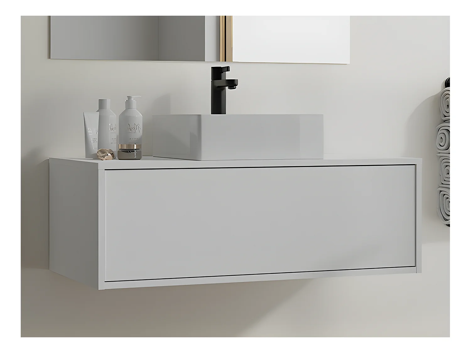 Meuble de salle de bain suspendu blanc avec simple vasque carrée - 94 cm - TEANA II