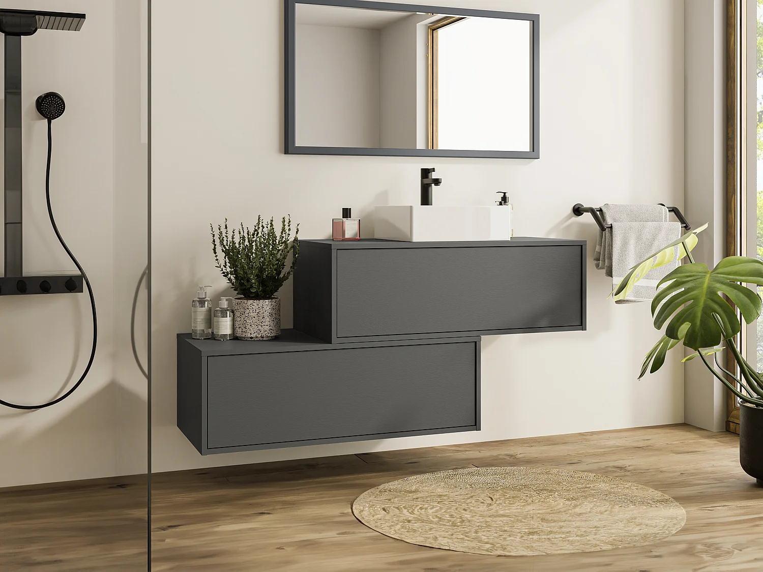 Meuble de salle de bain suspendu gris anthracite avec simple vasque carrée et deux tiroirs - 94 cm - TEANA II