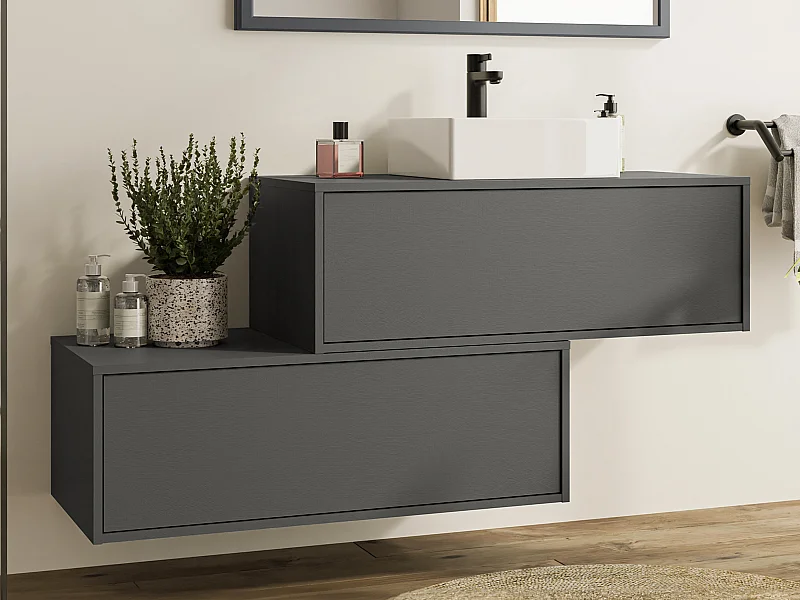 Ophængt badeværelsmøbel i antracitgrå med enkelt firkantet håndvask og to skuffer - 94 cm - TEANA II