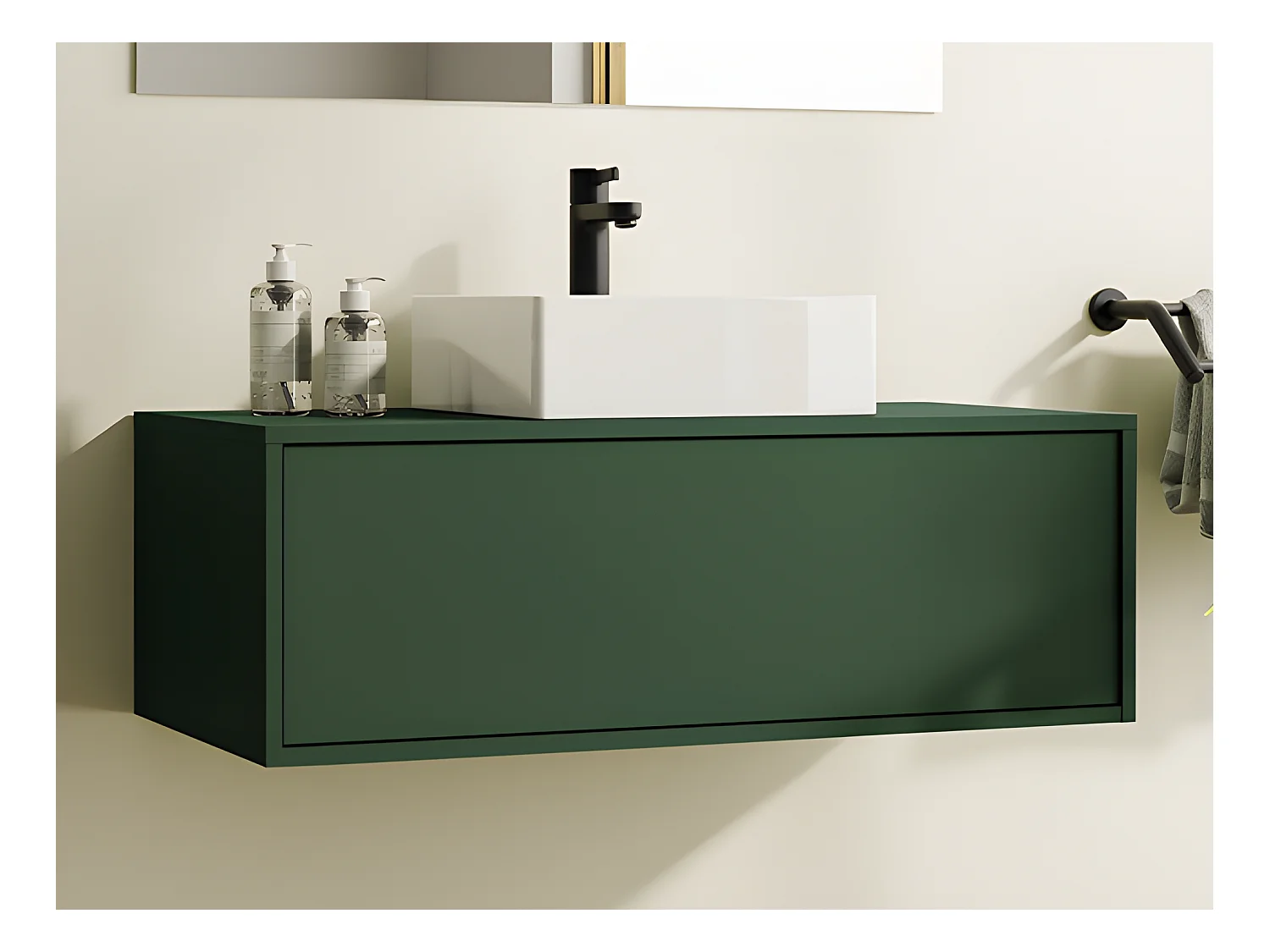 Meuble de salle de bain suspendu vert mat avec simple vasque carrée - 94 cm - TEANA II