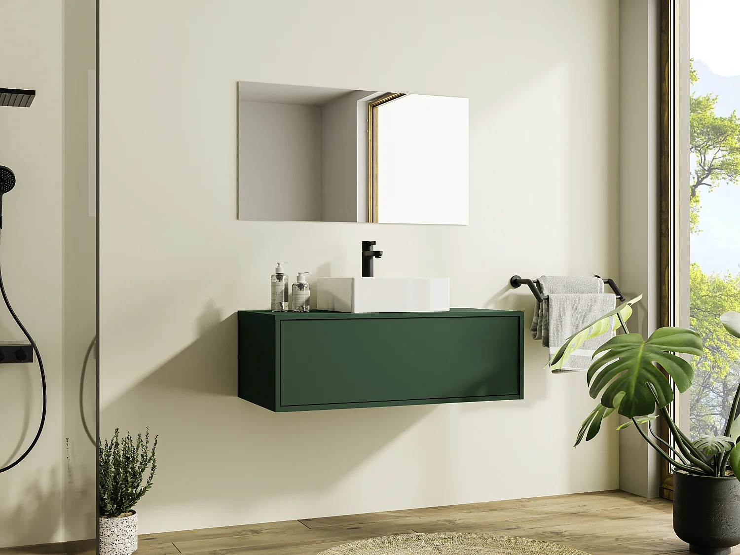 Meuble de salle de bain suspendu vert mat avec simple vasque carrée - 94 cm - TEANA II