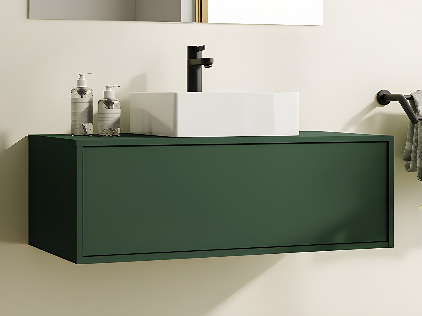 Meuble de salle de bain suspendu avec simple vasque ronde, coloris vert