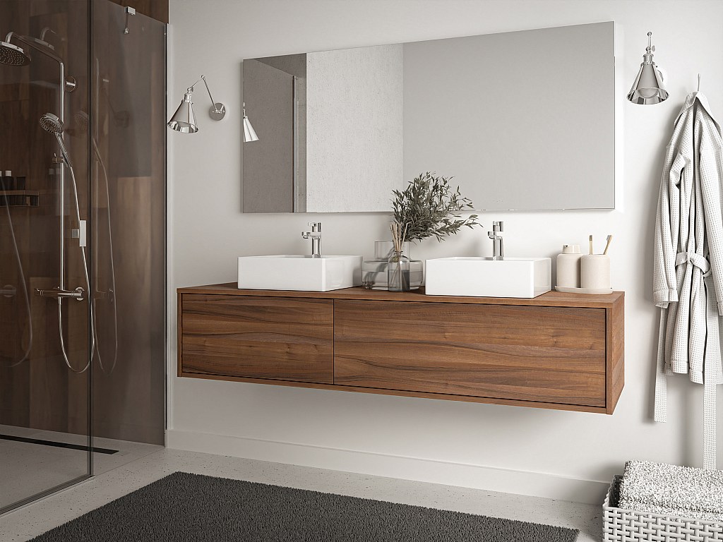 Waschbeckenunterschrank hängend - Holzfarben dunkel - 150 cm - ISAURE II