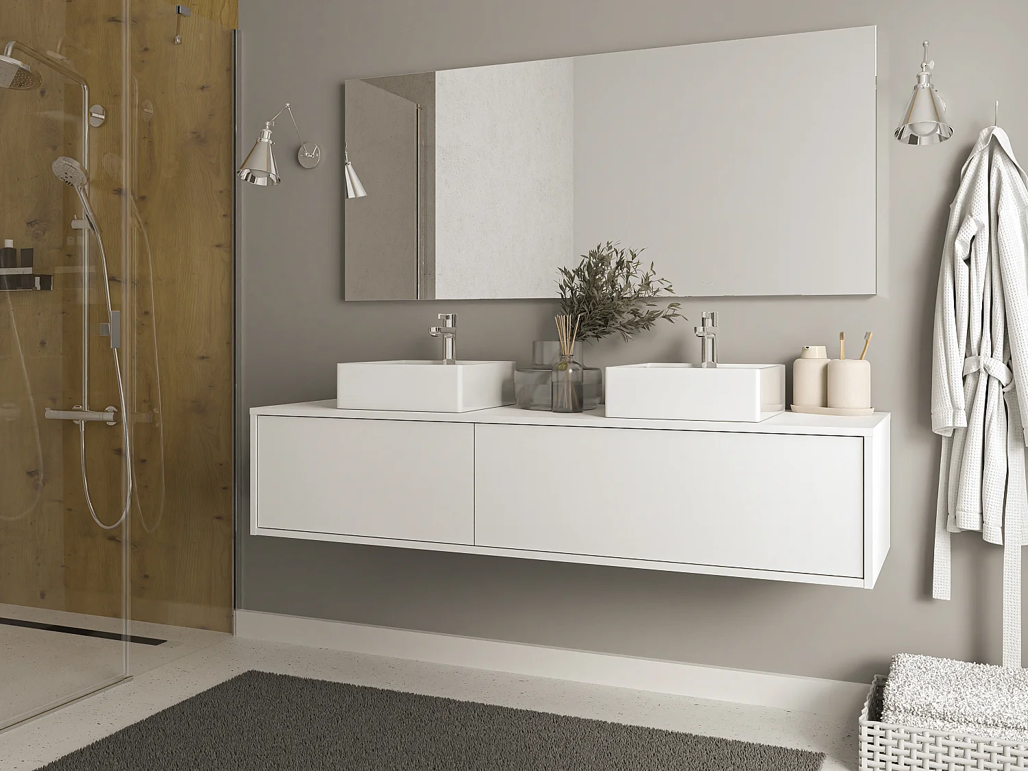 Meuble de salle de bain suspendu blanc avec double vasque à poser carrée - L150 cm - ISAURE II