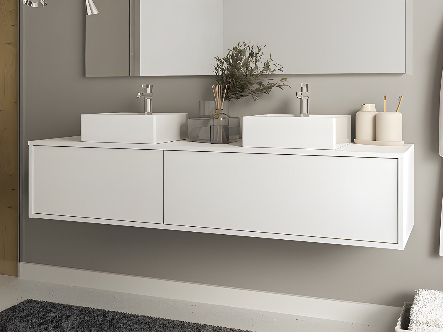 Vegghengt baderomsmøbel hvit dobbelt servant - L150 cm - ISAURE II