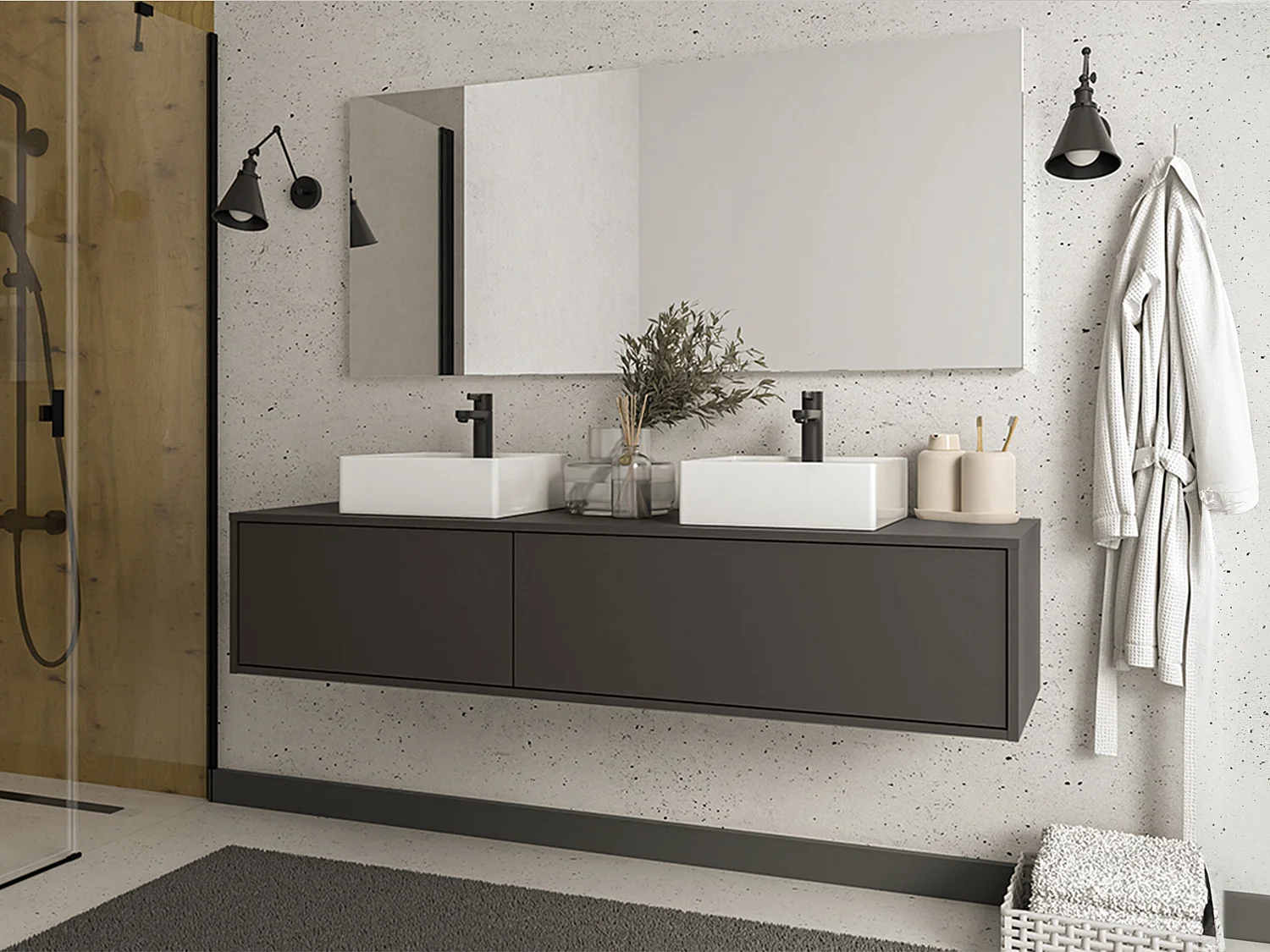 Meuble de salle de bain suspendu coloris gris anthracite avec double vasque - L150 cm - ISAURE II