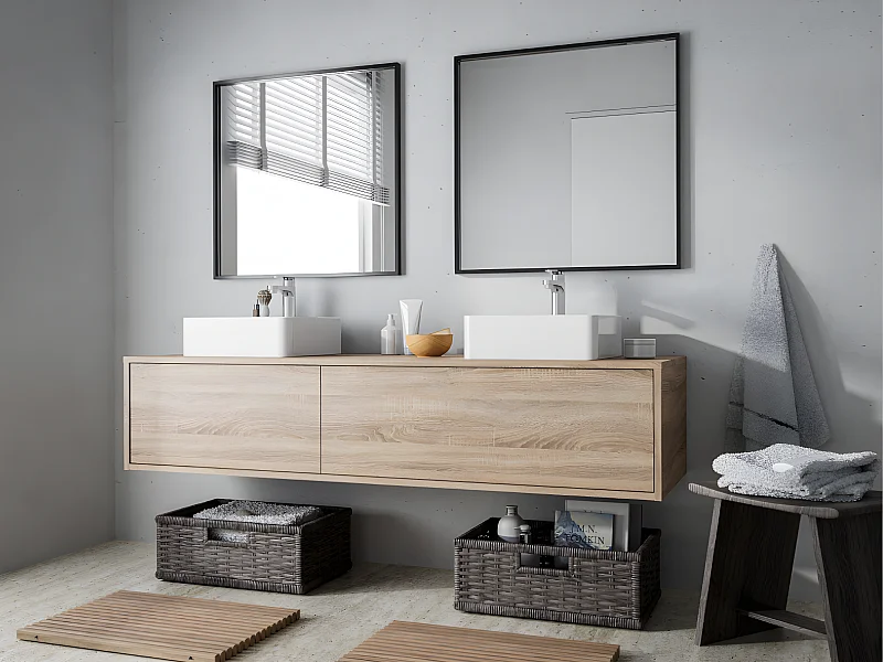 Meuble de salle de bain suspendu coloris naturel clair avec double vasque à poser carrée - L150 cm - ISAURE II