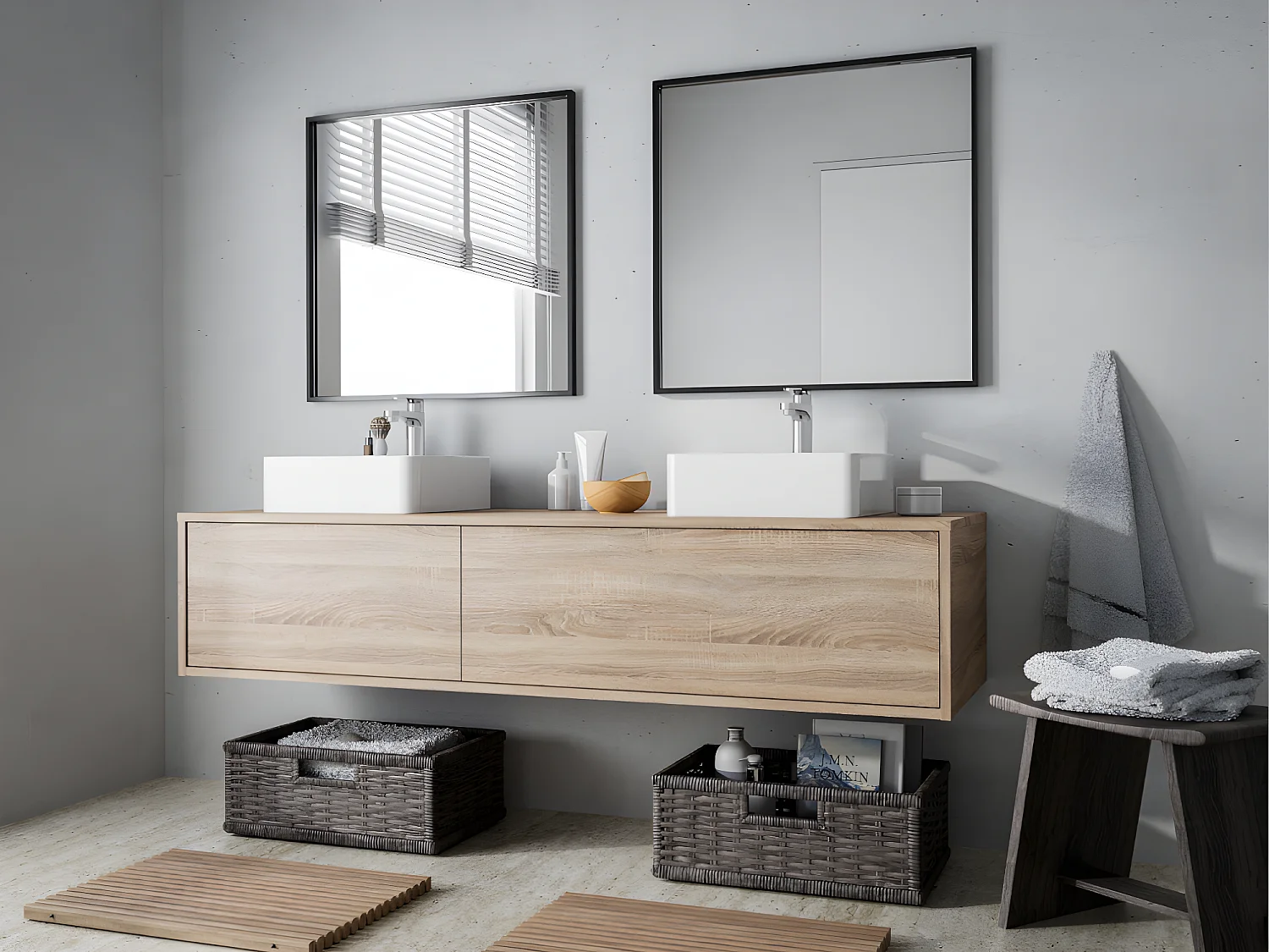 Meuble de salle de bain suspendu coloris naturel clair avec double vasque à poser carrée - L150 cm - ISAURE II