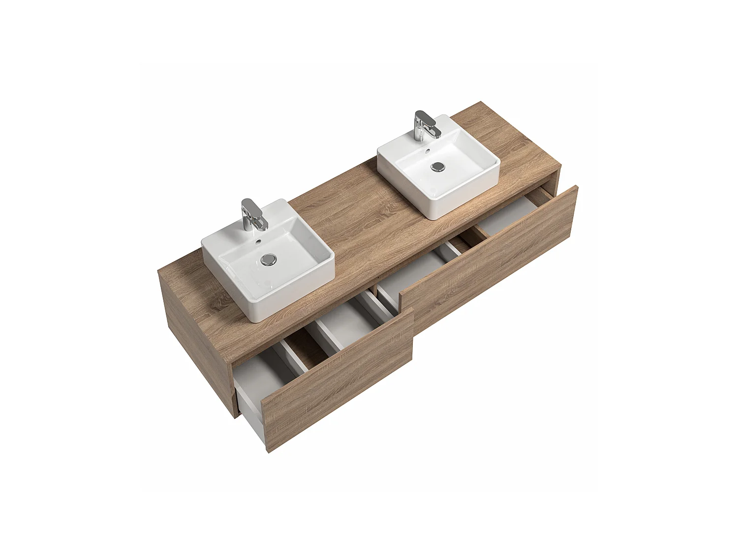 vegghengende baderomsmebel i lyst naturlig farge med dobbel servant - L150 cm - ISAURE II