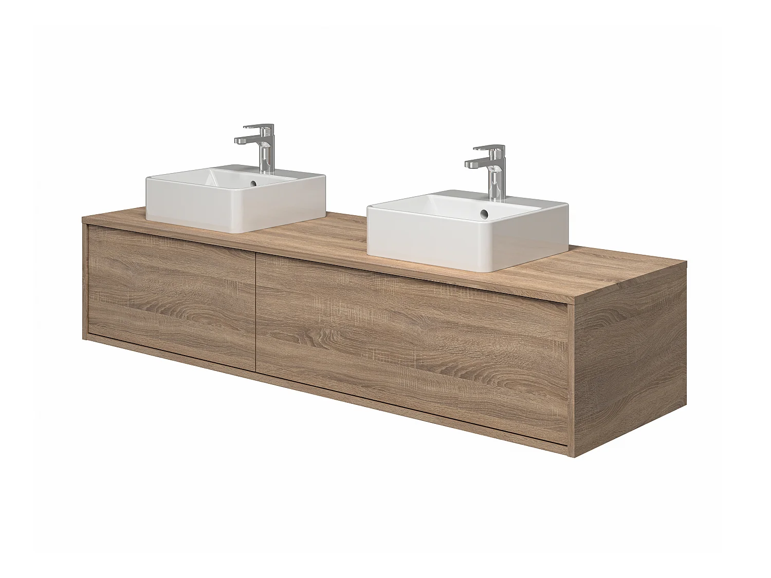 vegghengende baderomsmebel i lyst naturlig farge med dobbel servant - L150 cm - ISAURE II