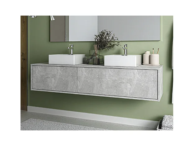 Meuble de salle de bain suspendu gris béton avec double vasque - L150 cm - ISAURE II