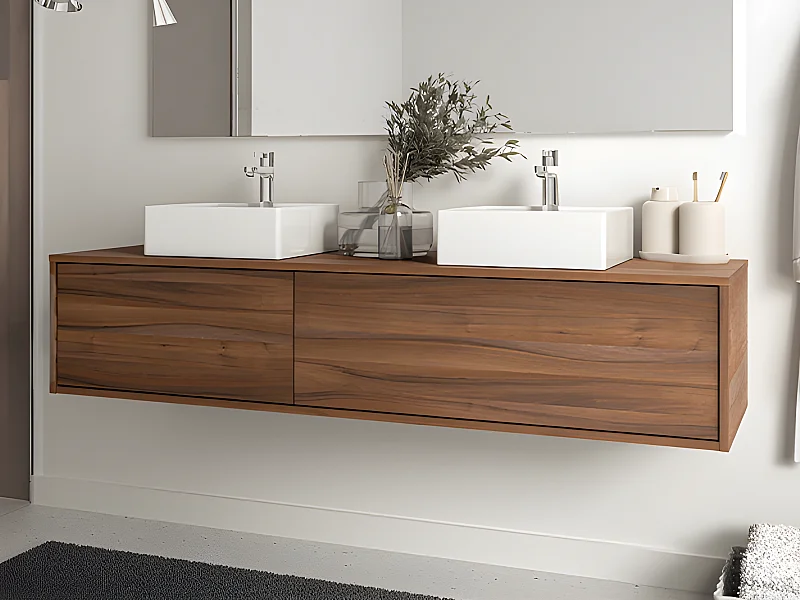 Meuble de salle de bain suspendu coloris naturel foncé avec double vasque à poser carrée - L150 cm - ISAURE II