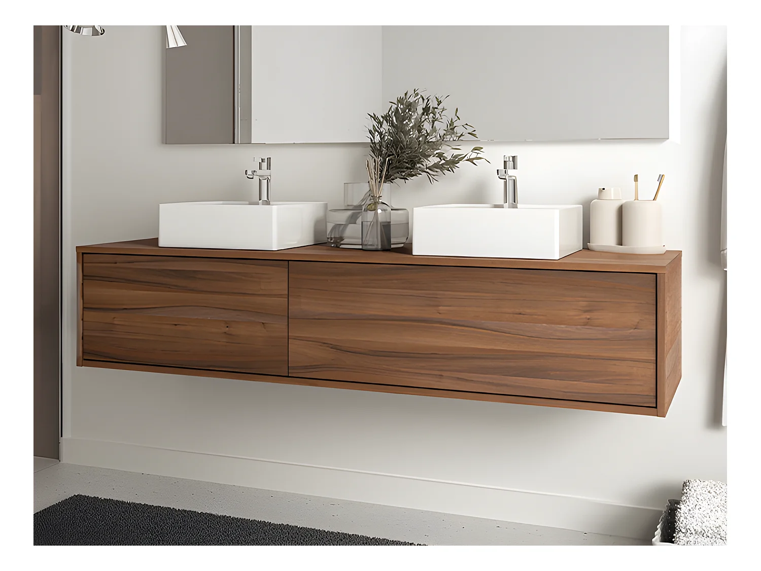 Mueble de baño flotante de doble lavabo en color natural oscuro - Ancho 150 cm - ISAURE II