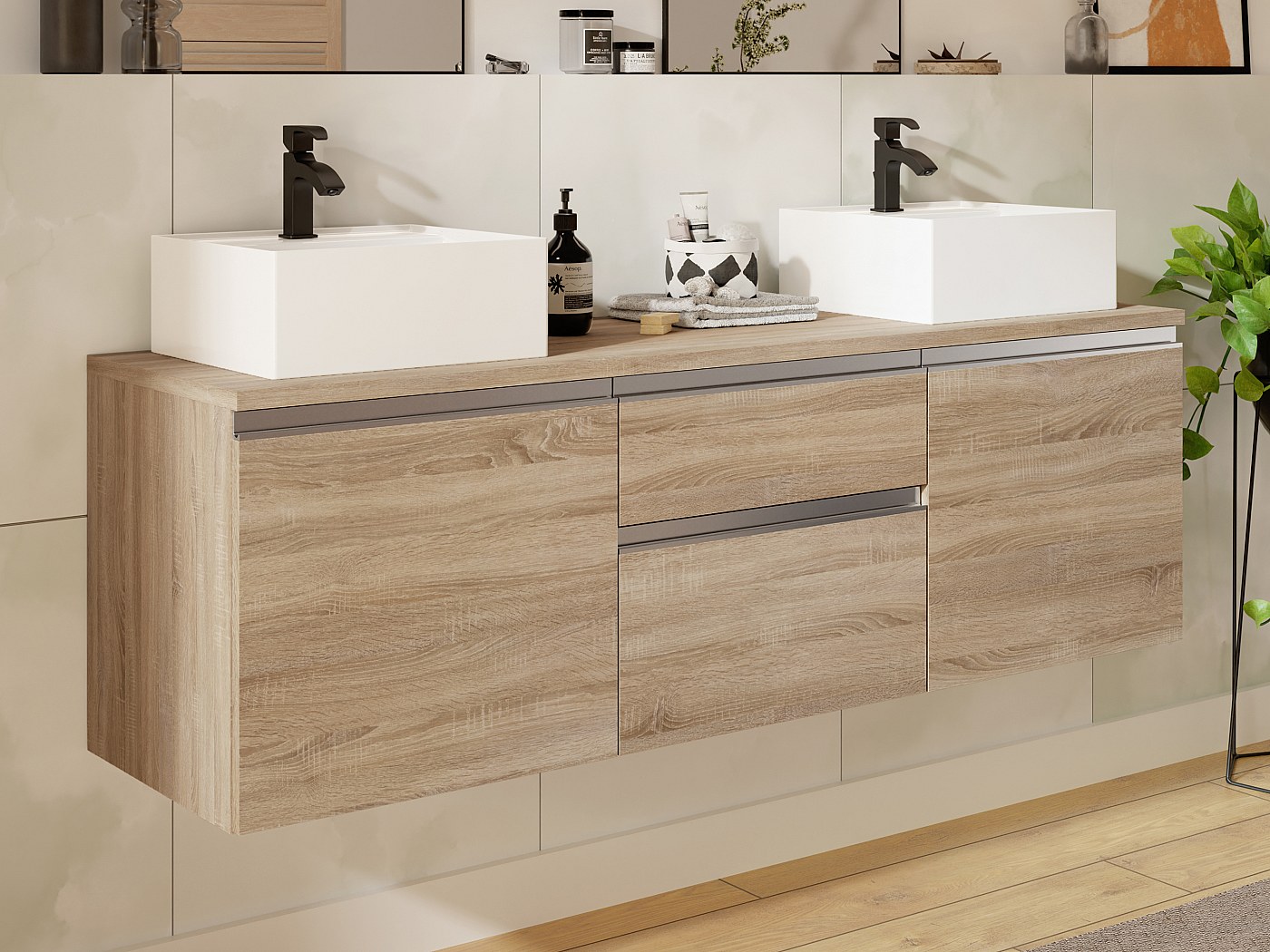 Meuble de salle de bain suspendu avec double vasque - Naturel clair