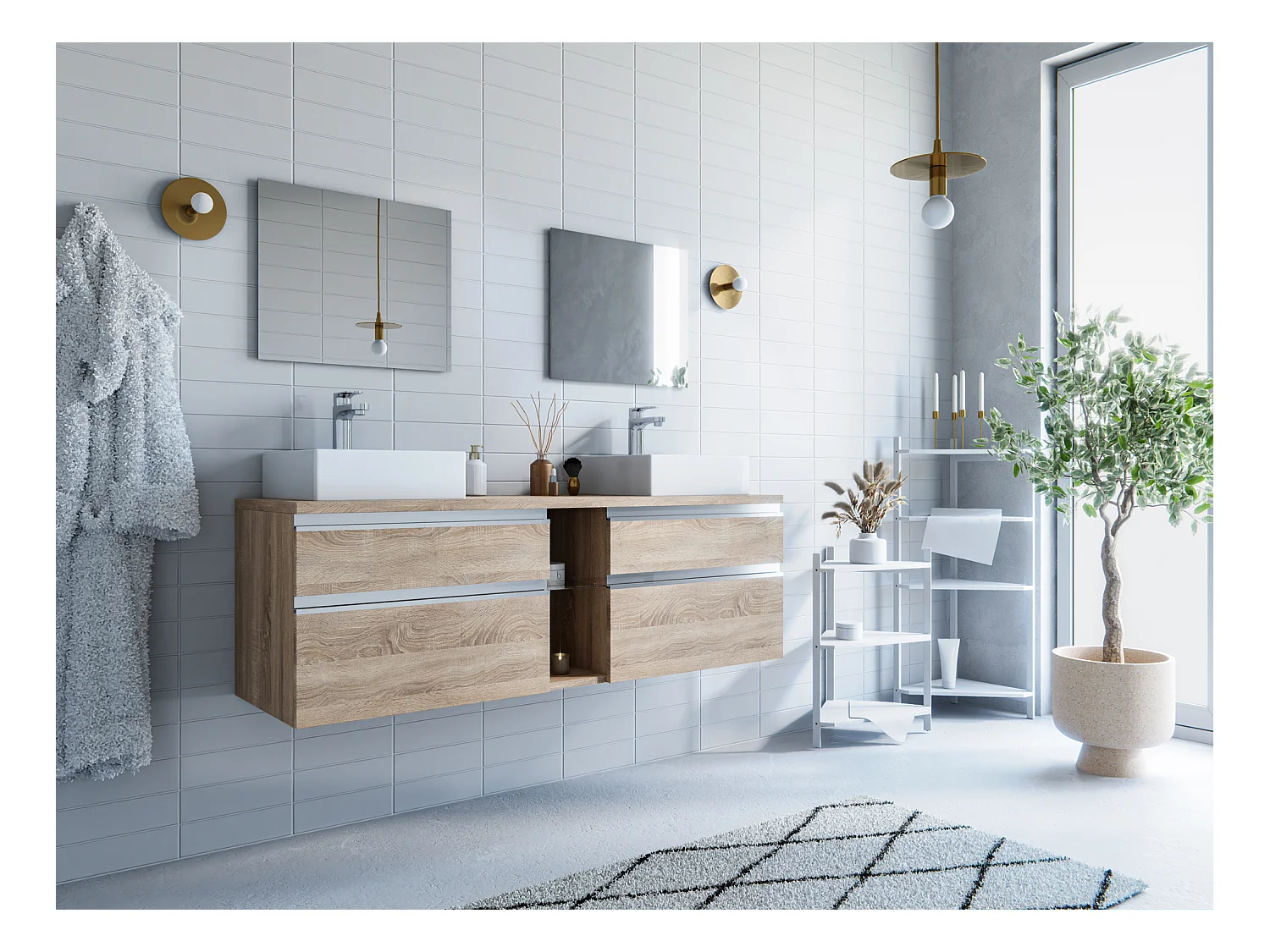 Meuble de salle de bain suspendu avec double vasque et miroirs - Coloris naturel clair - 150 cm - MAGDALENA II
