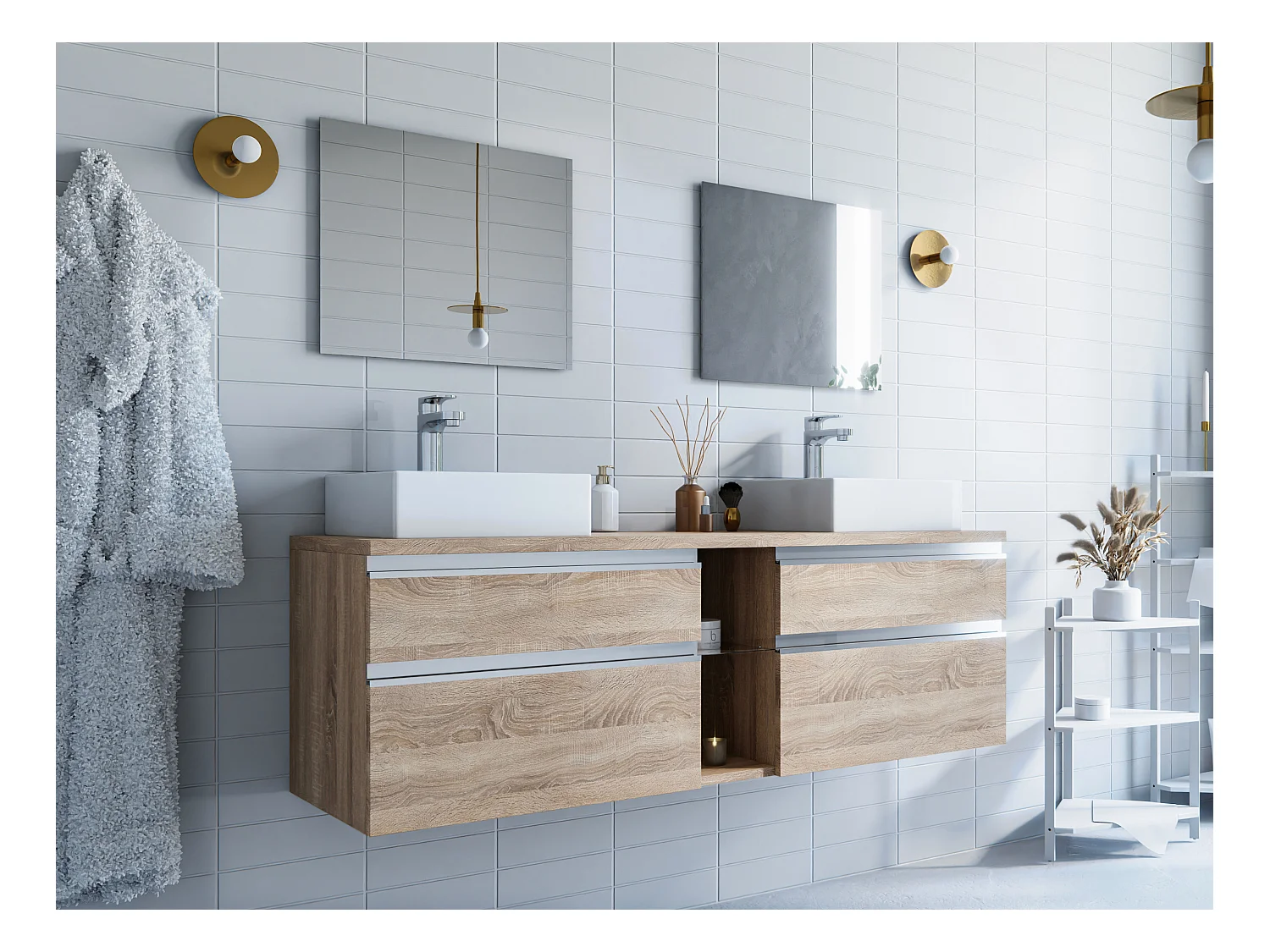 Meuble de salle de bain suspendu avec double vasque et miroirs - Coloris naturel clair - 150 cm - MAGDALENA II