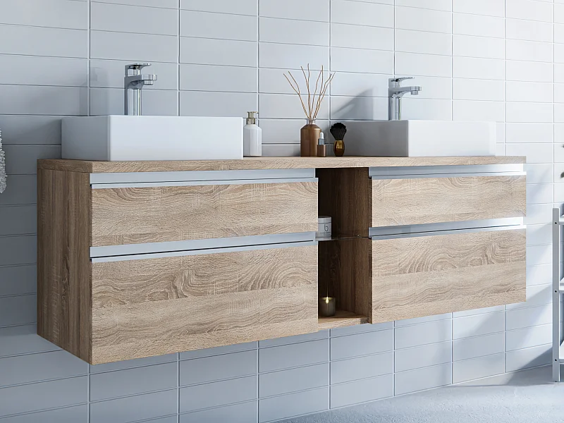 Mobile per bagno sospeso con doppio lavabo 150 cm Naturale chiaro - MAGDALENA II