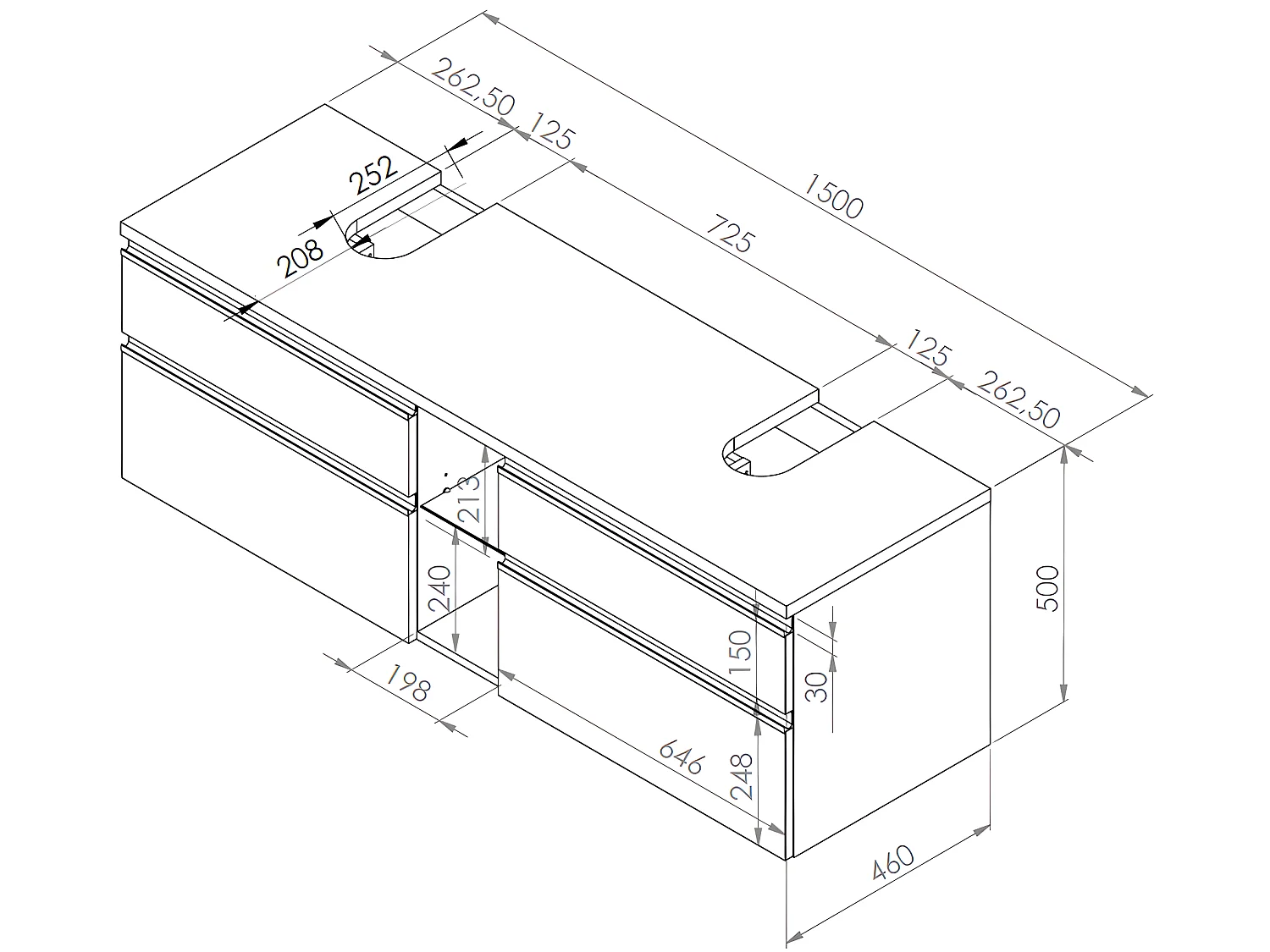 Waschbeckenunterschrank hängend - Naturfarben hell - 150 cm - MAGDALENA II