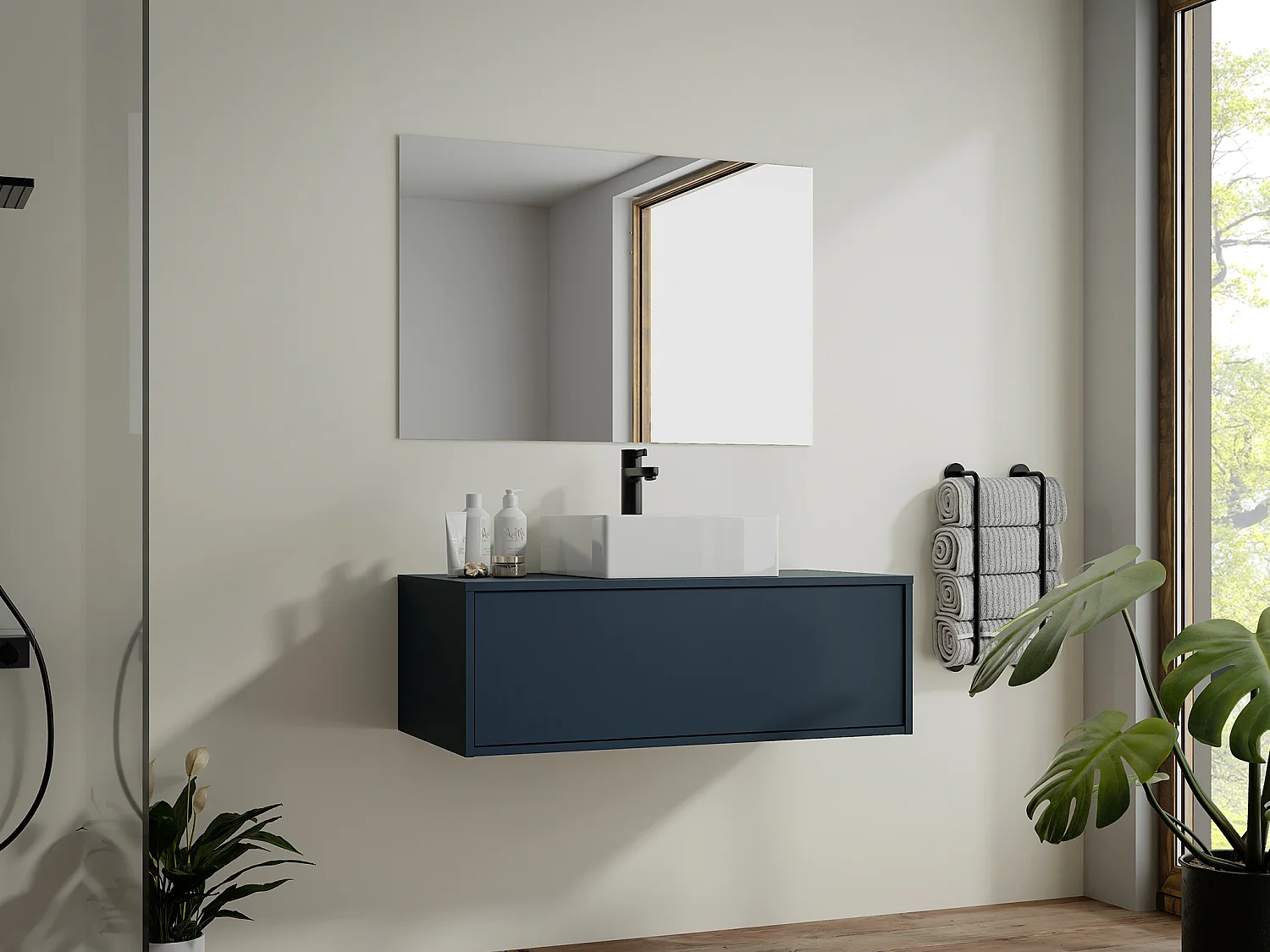 Meuble de salle de bain suspendu coloris bleu nuit avec simple vasque carrée - 94 cm - TEANA II