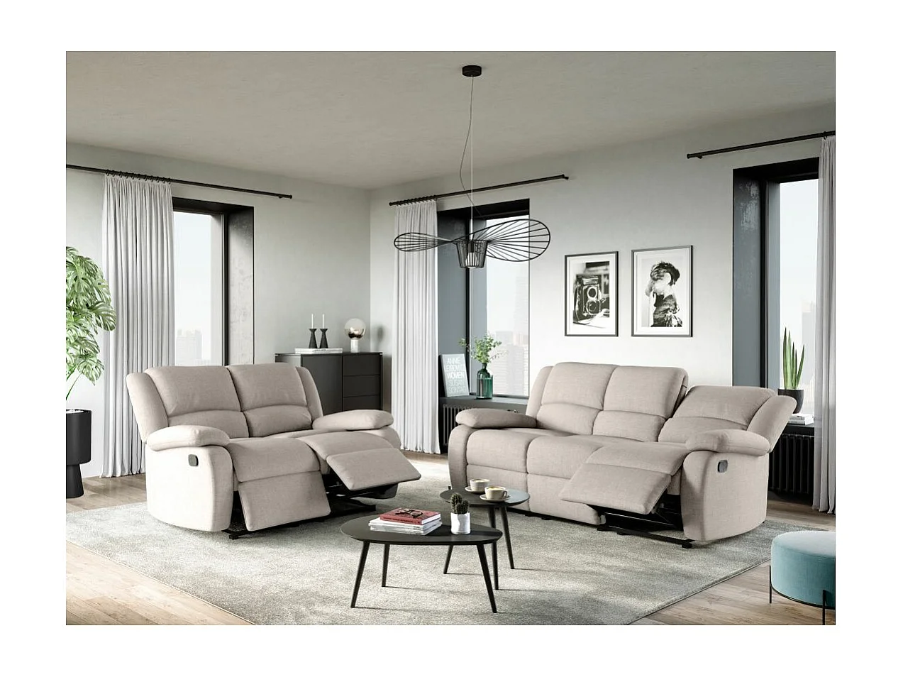 Canapé Relaxation manuel 3 places Léo en Tissu - Beige - L193 x P93 x H96cm - Loungitude