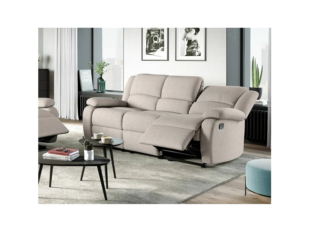 Canapé Relaxation manuel 3 places Léo en Tissu - Beige - L193 x P93 x H96cm - Loungitude