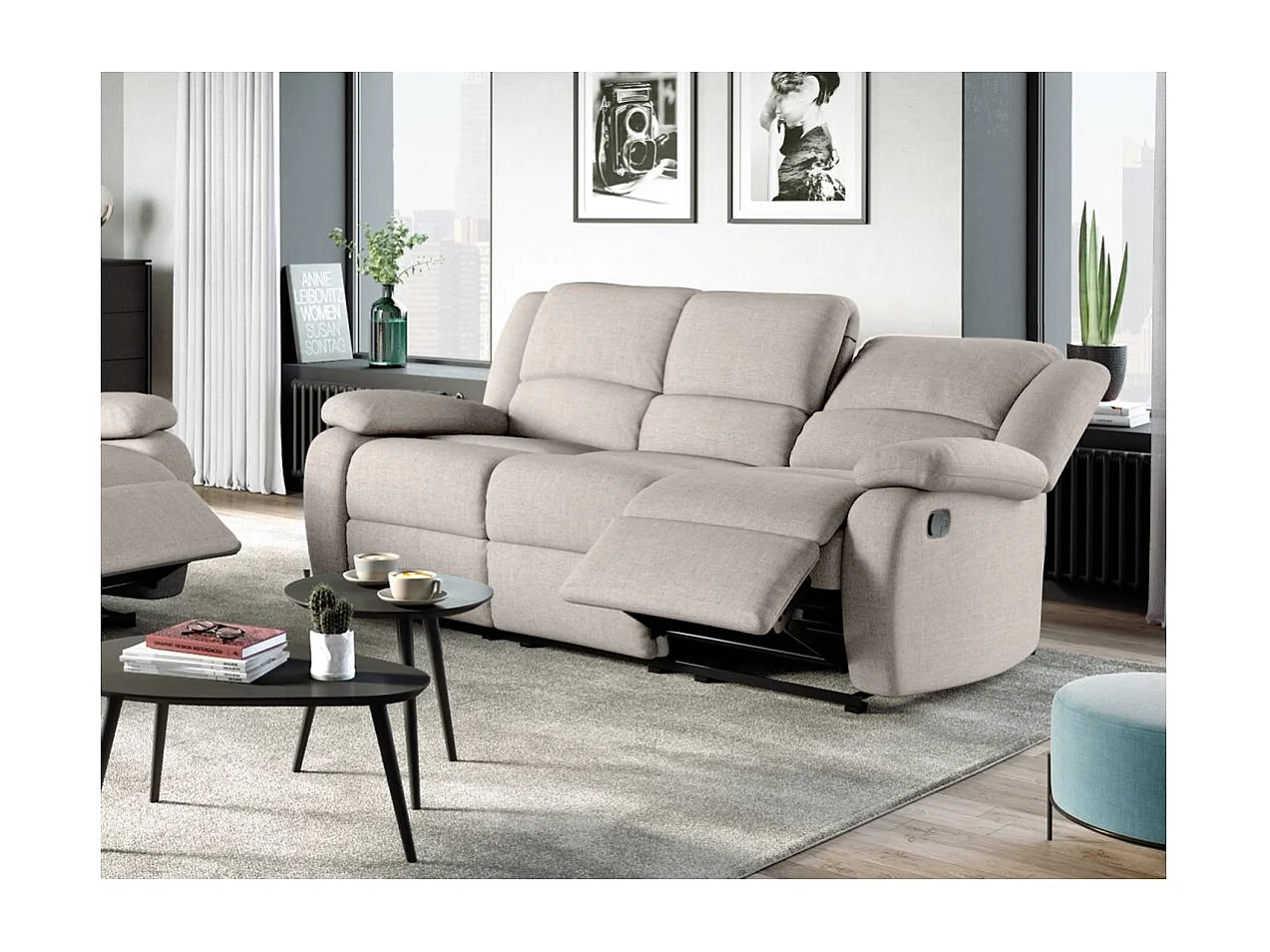 Canapé Relaxation manuel 3 places Léo en Tissu - Beige - L193 x P93 x H96cm - Loungitude