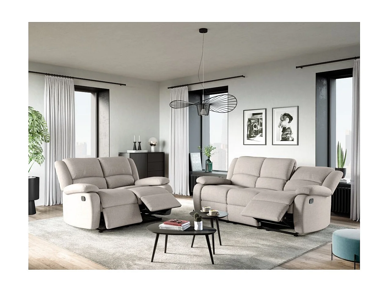 Canapé Relaxation manuel 3 places Léo en Tissu - Beige - L193 x P93 x H96cm - Loungitude