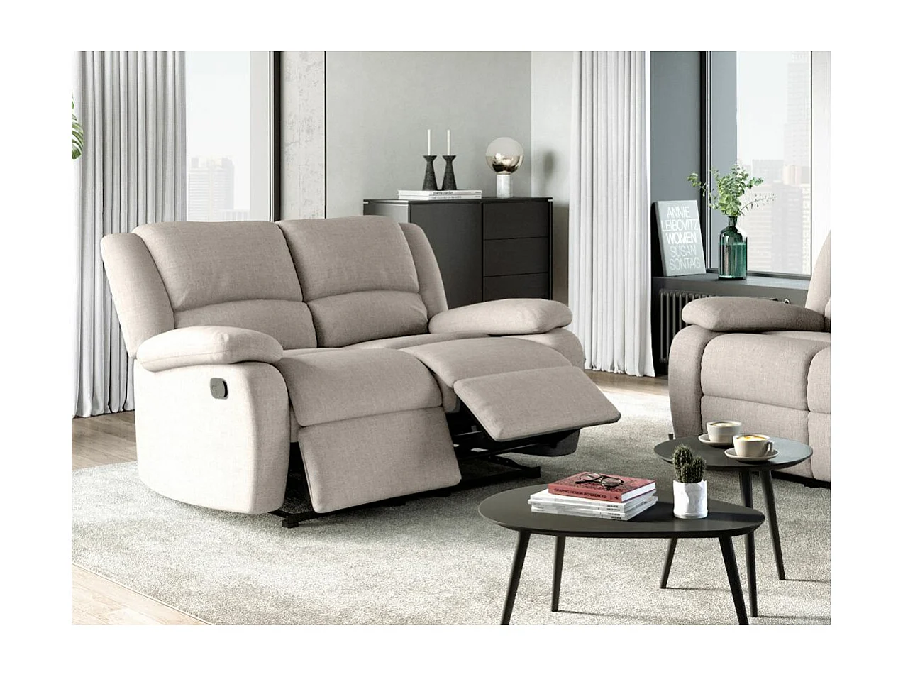 Canapé Relaxation manuel 2 places Léo en Tissu - Beige - L143 x P93 x H96cm - Loungitude