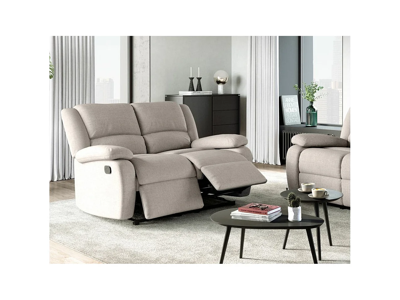 Canapé Relaxation manuel 2 places Léo en Tissu - Beige - L143 x P93 x H96cm - Loungitude