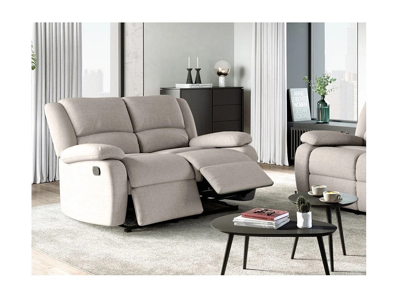 Canapé Relaxation manuel 2 places Léo en Tissu - Beige - L143 x P93 x H96cm - Loungitude