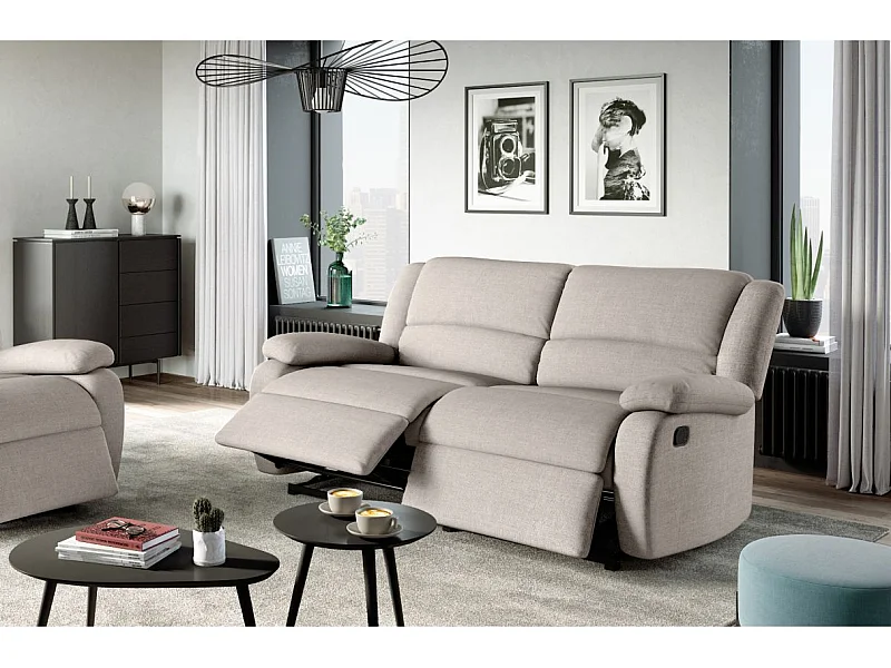 Canapé relax manuel 3 places avec 2 assises XXL Léo en tissu - Beige - L193 x P93 x H96cm - Loungitude