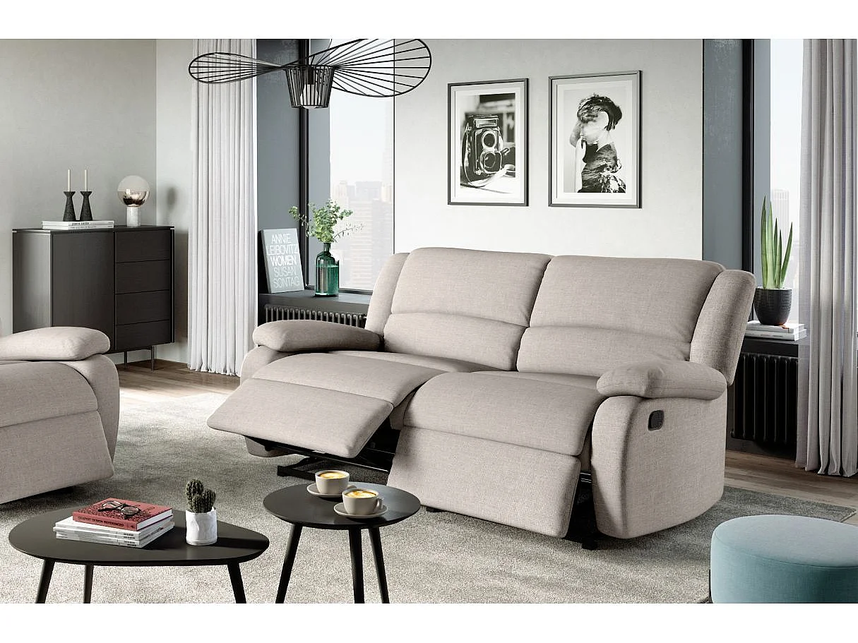 Canapé relax manuel 3 places avec 2 assises XXL Léo en tissu - Beige - L193 x P93 x H96cm - Loungitude