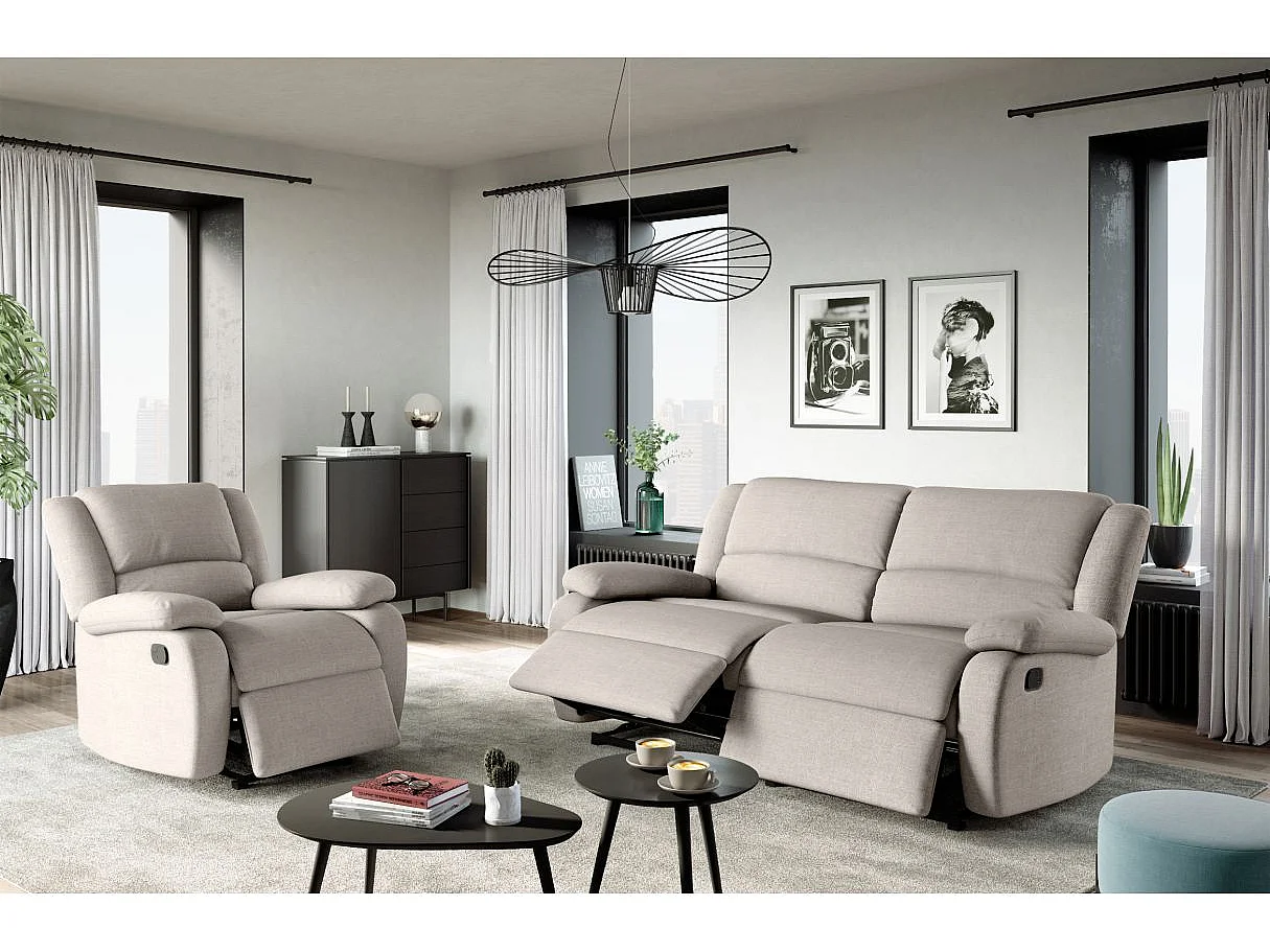 Canapé relax manuel 3 places avec 2 assises XXL Léo en tissu - Beige - L193 x P93 x H96cm - Loungitude