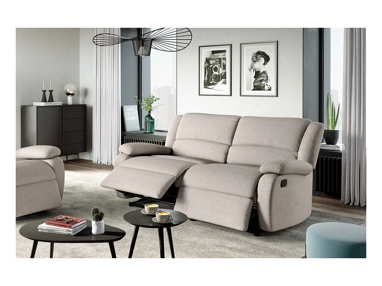Canapé relax manuel 3 places avec 2 assises XXL Léo en tissu - Beige - L193 x P93 x H96cm - Loungitude