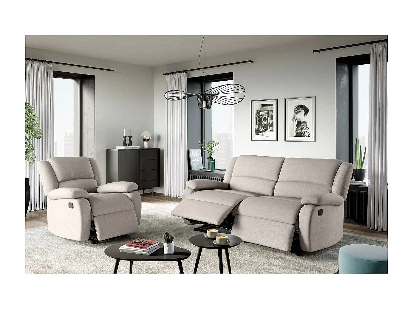 Canapé relax manuel 3 places avec 2 assises XXL Léo en tissu - Beige - L193 x P93 x H96cm - Loungitude