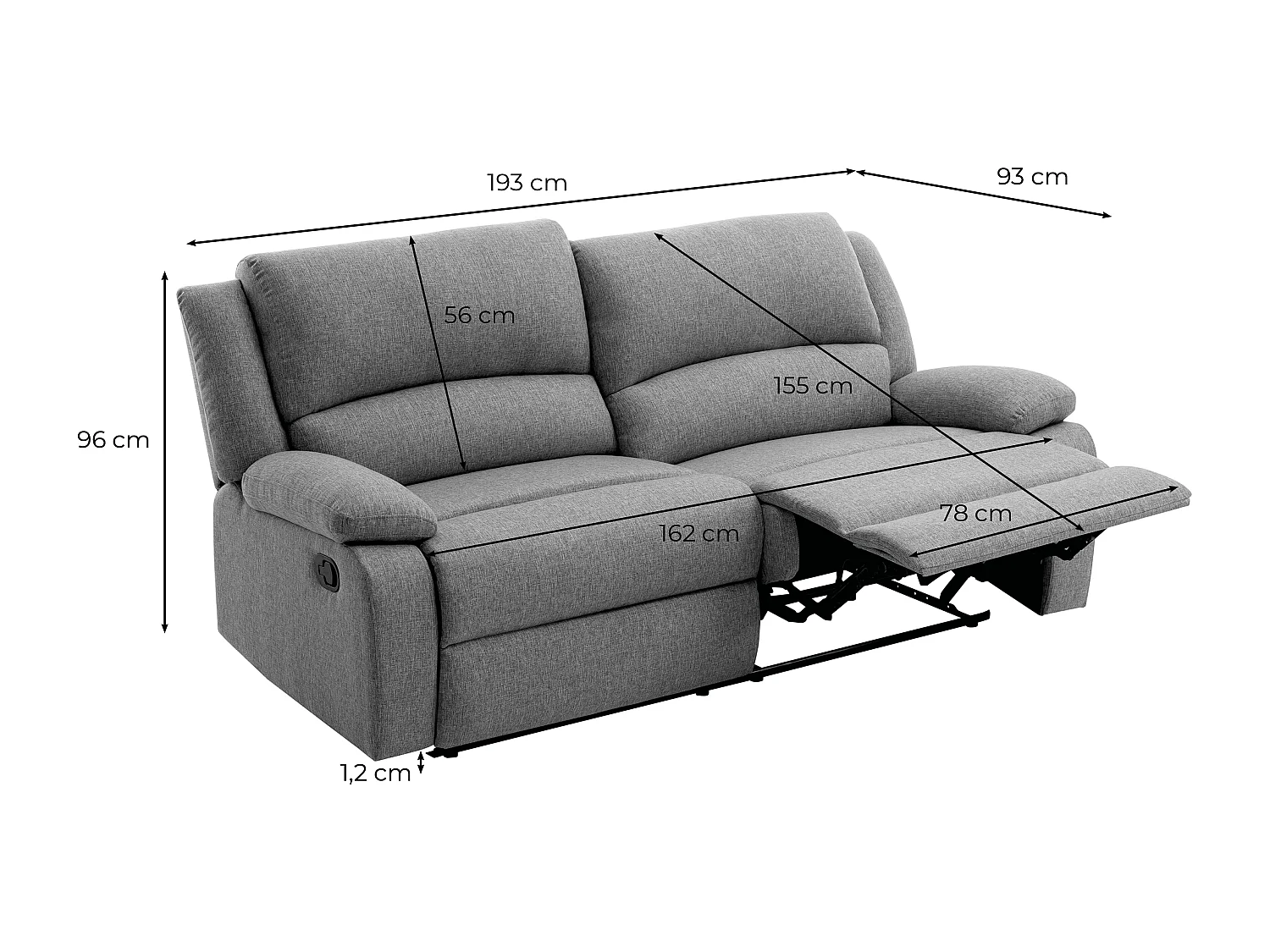 Canapé relax manuel 3 places avec 2 assises XXL Léo en tissu - Beige - L193 x P93 x H96cm - Loungitude