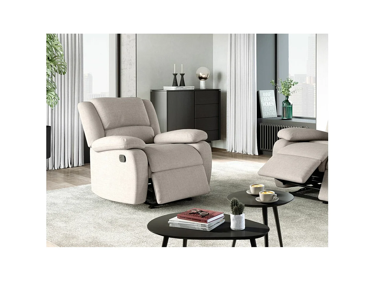 Fauteuil Relaxation manuel Léo en Tissu - Beige - L88 x P93 x H96cm - Loungitude