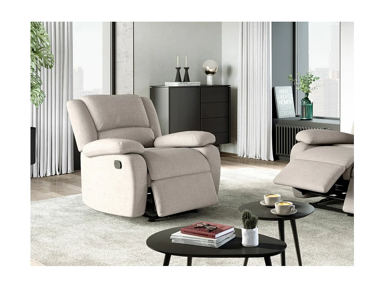 Fauteuil Relaxation manuel Léo en Tissu - Beige - L88 x P93 x H96cm - Loungitude